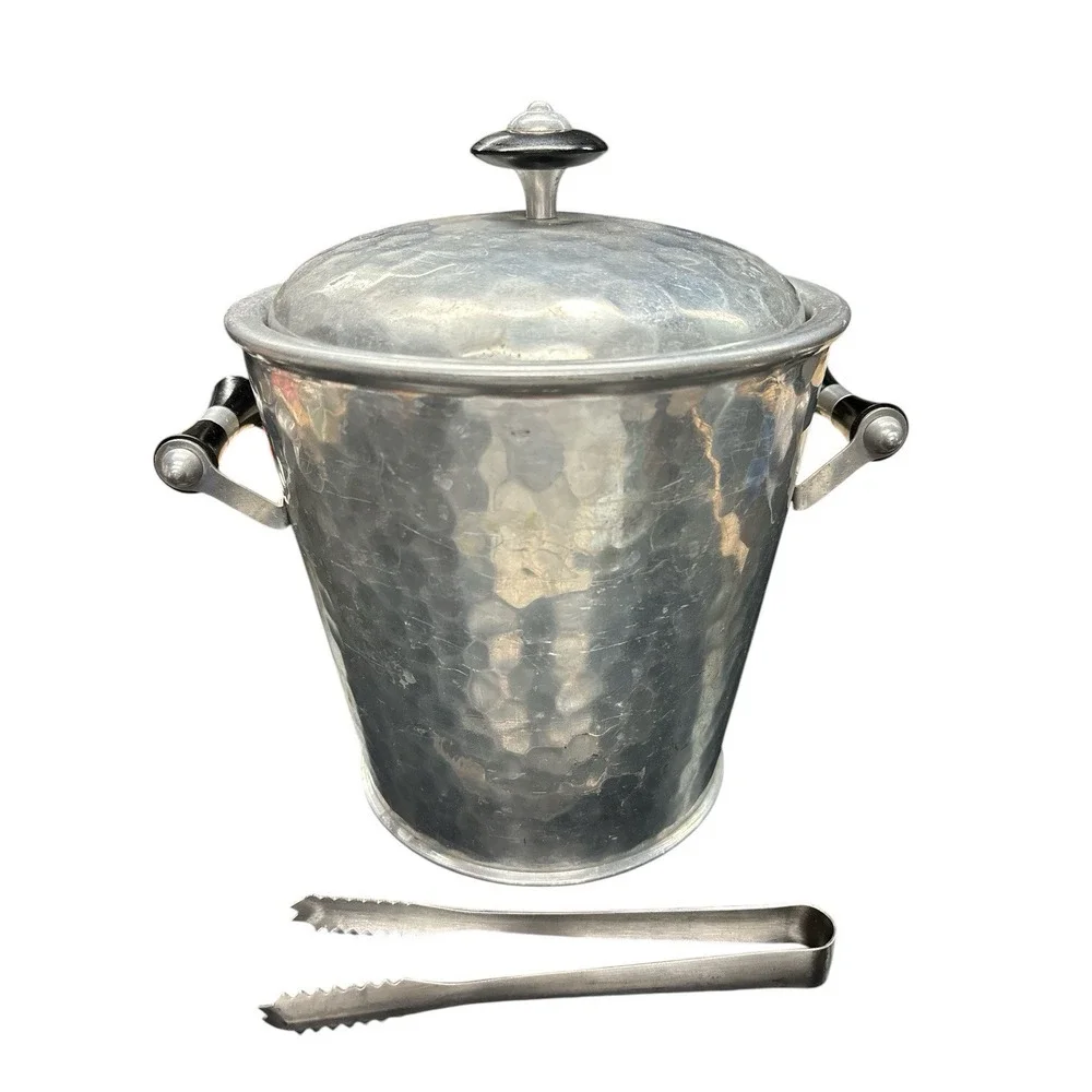 Vintage Mid Century MMM SA Brand‎ Hammered Aluminum Ice Bucket W/Tongs Spain